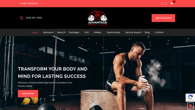 Shirtless man performing a box jump exercise in a modern gym with dumbbells nearby