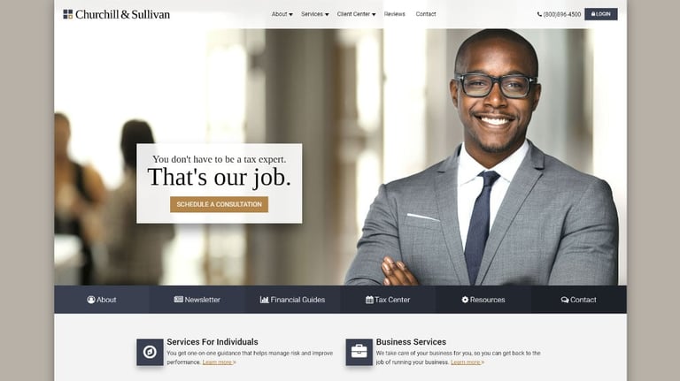Professional man in business suit and glasses smiling on law firm website homepage with tagline Thats our job
