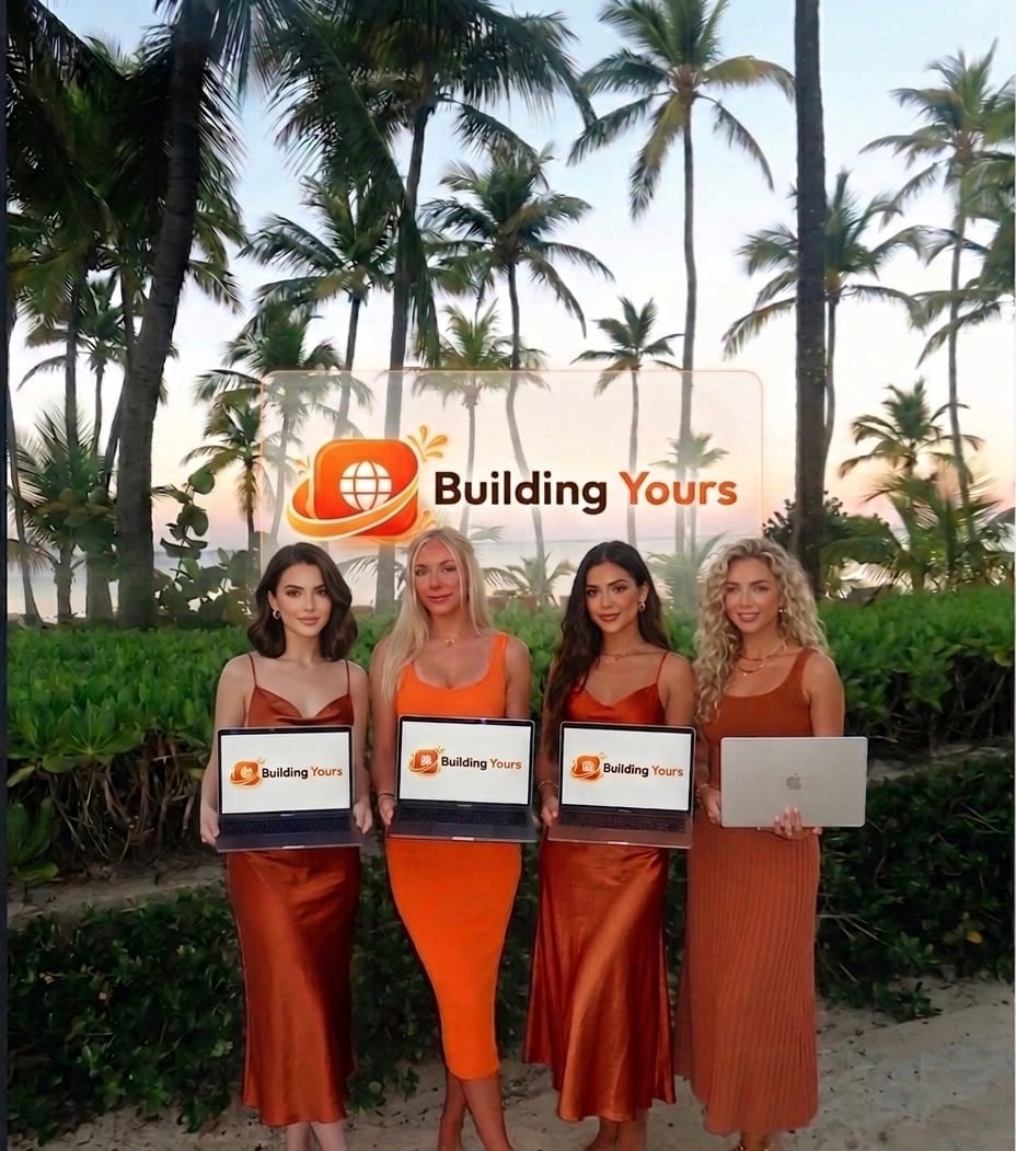 Four women holding Building Yours laptops on a beach with palm trees and ocean backdrop