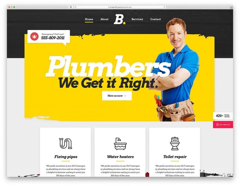 Plumber website homepage with yellow banner, smiling plumber in blue uniform, and service icons for pipes, heaters, and repairs