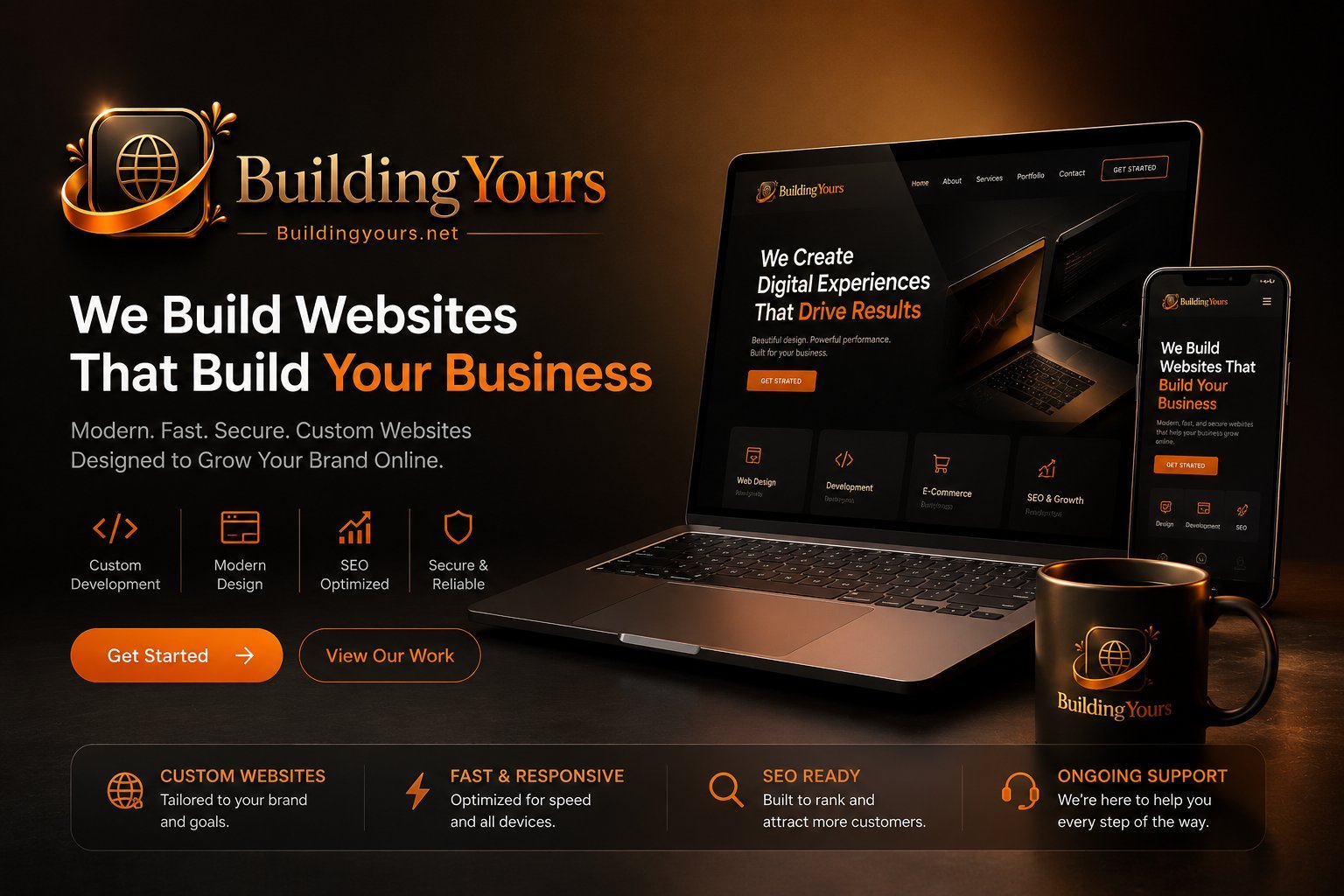 BuildingYours website design agency showcasing responsive web design across laptop, tablet, and mobile devices with orange and dark theme.