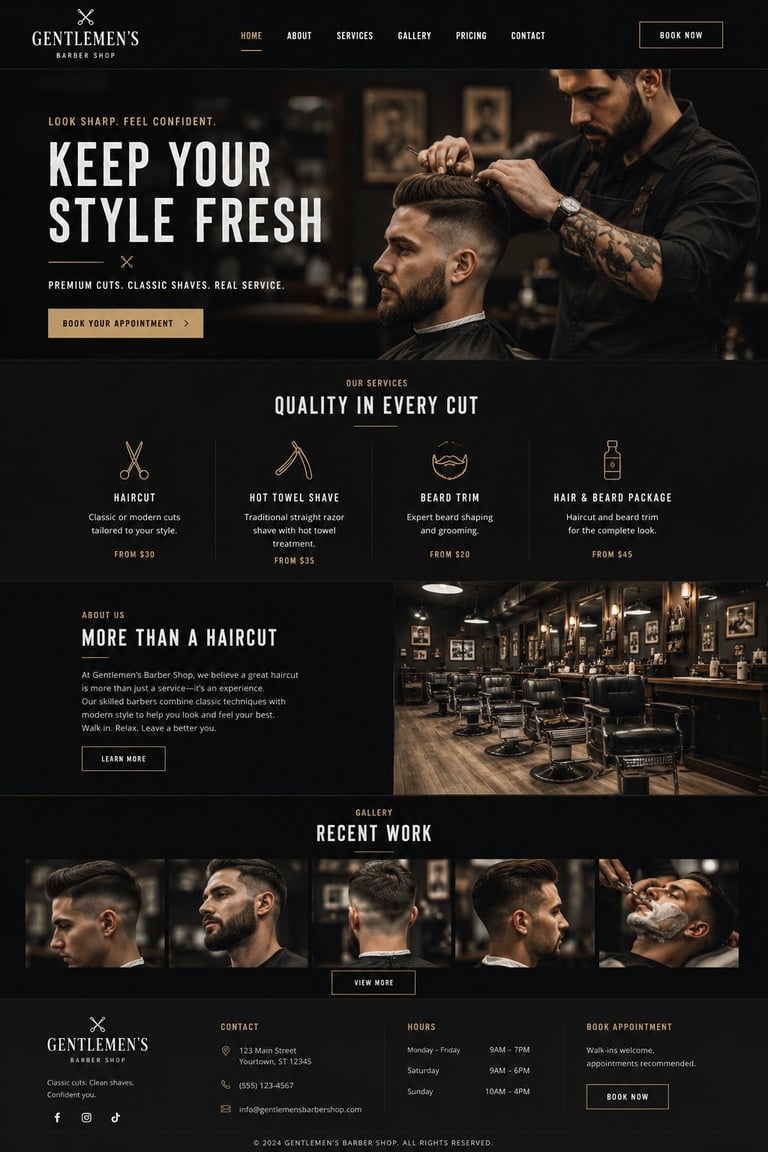 Gentlemans Barber Shop website homepage featuring barber styling male clients hair with text Keep Your Style Fresh