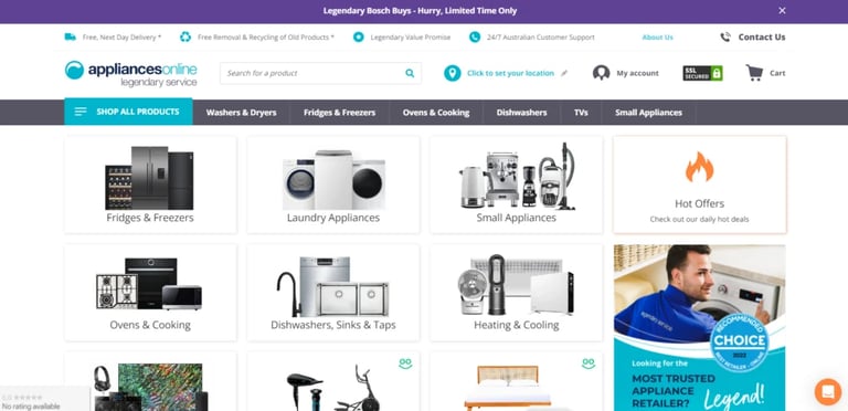 Online appliance store homepage displaying product categories including washers, fridges, ovens, and small appliances with promotional offers