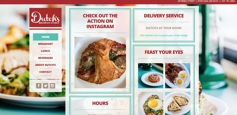 Dutchs restaurant website homepage displaying menu options, roasted chicken, food photos, Instagram link, delivery service info, and hours
