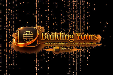 Golden logo for Building Yours web design company with globe icon and tagline on dark digital background with falling code elements